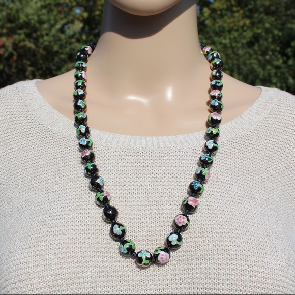 Vintage Chinese Knotted Cloisonne Beaded Necklace Strand Large Black Beads 26.5” - Picture 3 of 6